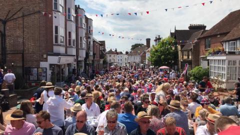 Crowds at a street party in Cuckfield