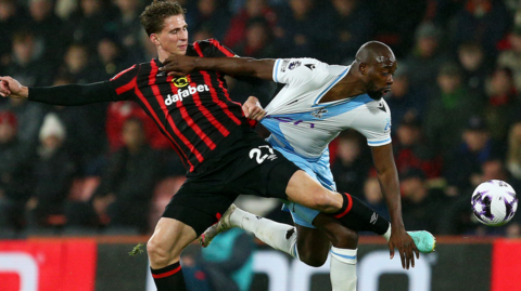 Bournemouth's Illia Zabarnyi in action against Crystal Palace's Jean-Philippe Mateta