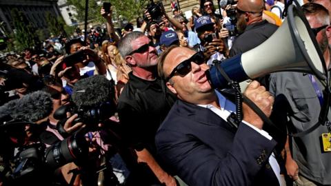 US radio host Alex Jones speaking to crowds outside the 2016 Republican National Convention in Cleveland, Ohio