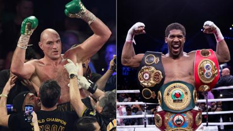 A split image of Tyson Fury (left) and Anthony Joshua (right) celebrating victory in their most recent fights