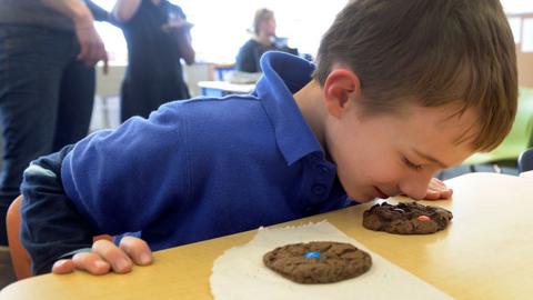 A young boy smelling chocolate biscuits