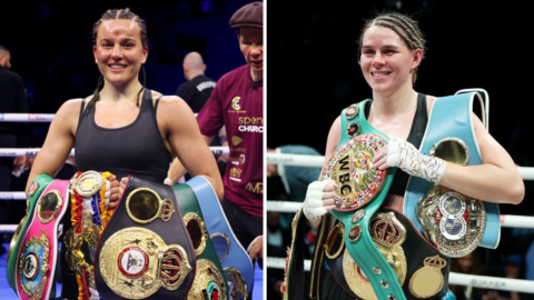Split image of Chantelle Cameron with all her world titles and Savannah Marshall with all her belts