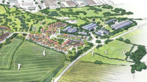 A coloured sketch of the developer's proposed scheme, including red brick houses surrounded by fields. 