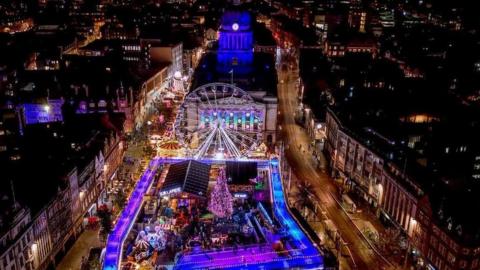 An aerial view of the Christmas market