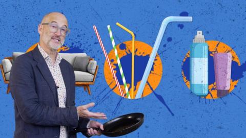 A man holding a frying pan stands before a blue background featuring illustrations of sofas, drinking straws and aerosol can.