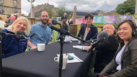 Presenters Kate Monaghan and Simon Minty with Jon Long, Aidan Green and Spring Day at the Edinburgh Festival Fringe.