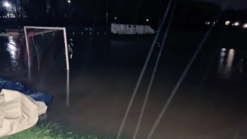 A waterlogged pitch at Worsbrough Bridge Athletic