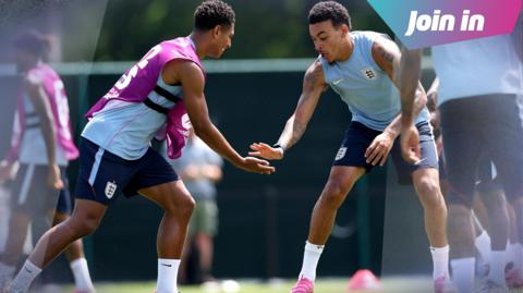 England players Jude Bellingham and Morgan Rodgers training at the world cup.