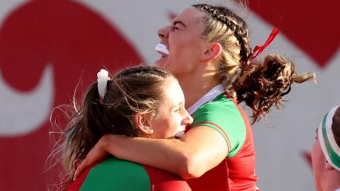 Clare Gorman celebrates scoring a try for Clovers against Gwalia Lightning