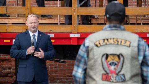 Sean O'Brien speaks at a Teamsters Local 25 event in 2021