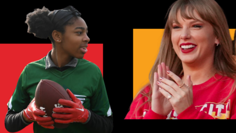 Split image of a young girl playing flag football and Taylor Swift applauding at an NFL game