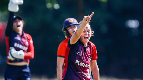 Irene van Zyl appeals for a wicket against the Netherlands