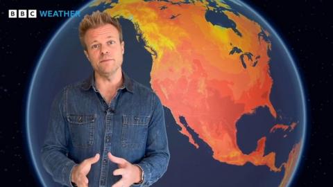 Simon King standing in front a weather map showing high temperatures across North and Central America