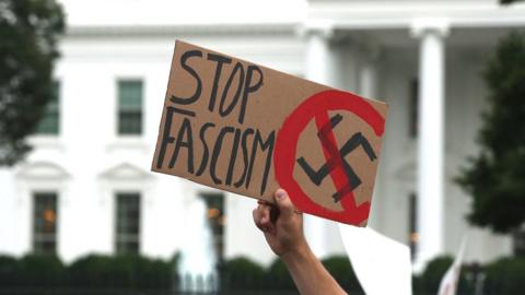 Stop Fascism protest sign outside the White House