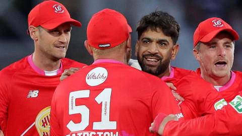 Haris Rauf celebrates with Jonny Bairstow and his Welsh Fire team-mates after taking a wicket during the 2024 edition of The Hundred