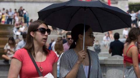 woman holding umbrella in heatwave