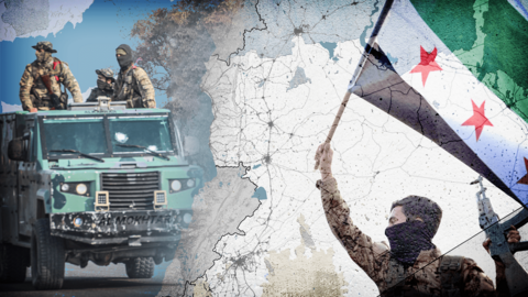 An image of anti-government rebel fighters on a vehicle with a map showing Syria imposed in the foreground.