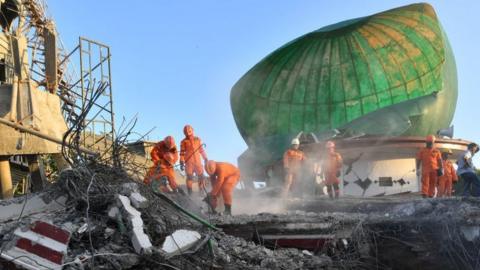 A collapsed mosque in Pemenang, North Lombok on August 6, 2018,