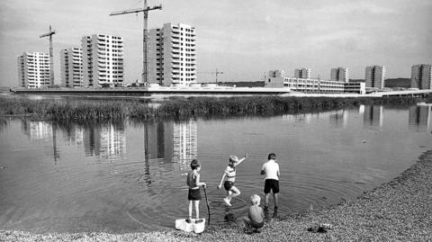 Southmere Lake and Southmere Towers, Thamesmead, Greenwich, London