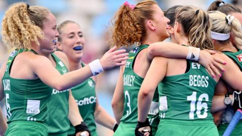 Ireland celebrate scoring against Spain