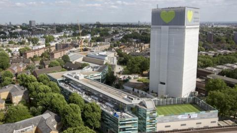 Grenfell Tower, now covered in plastic sheeting