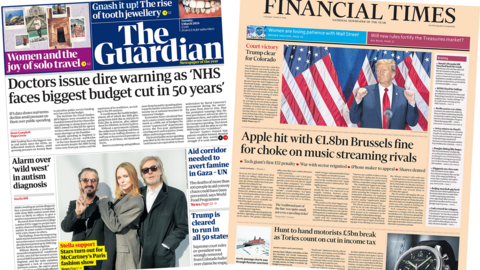 The headline in the Guardian reads, "Doctors issue dire warning as 'NHS faces biggest budget cut in 50 years'", while the headline in the Financial Times reads, "Apple hit with €1.8bn Brussels fine for choke on music streaming rivals".