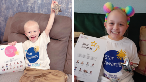 Two images separated by a central white line. On the left is Stanley wearing a star awards t-shirt and holding a certificate. On the right is Lily wearing a star awards t-shirt and holding a certificate.