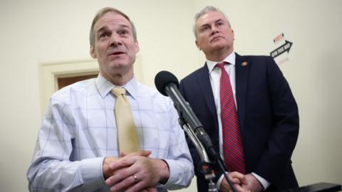 House Judiciary Committee Chairman Jim Jordan (R-OH) (L) and House Oversight and Accountability Committee Chairman James Comer