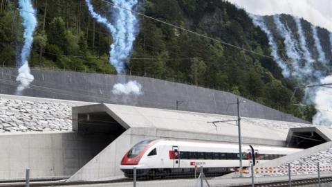 The first train out of Gotthard tunnel"s North portal