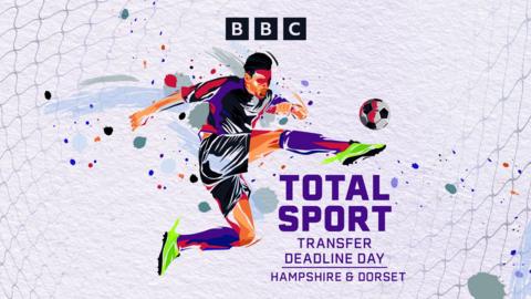A light purple background with footballer painted in watercolours in action kicking a ball next to the words 'total sport transfer deadline day hampshire and dorset'
