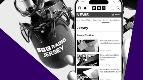 A graphic shows a microphone and hand holding a phone displaying Jersey election content on the BBC News app