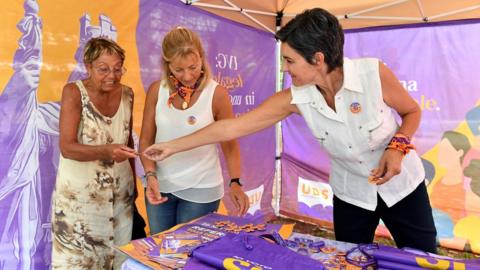 Members of the "yes" campaign to legalise abortion in San Marino hand out leaflets ahead of the September 26th referendum in San Marino, one of the smallest countries in Europe, September 15, 2021