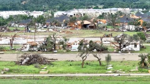 Mineral Wells, Texas, lies destroyed in a drone shot post-tornado.