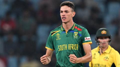 South Africa bowler Marco Jansen celebrates taking a wicket