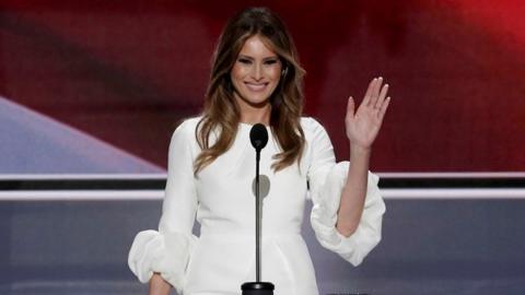 Melania Trump, wife of Republican U.S. presidential candidate Donald Trump, waves as she arrives to speak at the Republican National Convention in Cleveland, Ohio, U.S. July 18, 2016