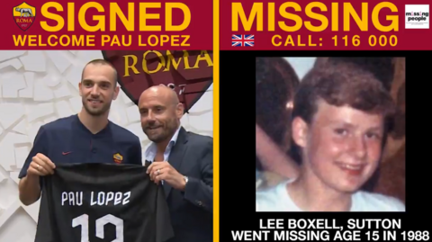 Tweet showing Roma's announcing Paul Lopez signing alongside an image of Lee Boxell, who went missing 31 years ago aged 15