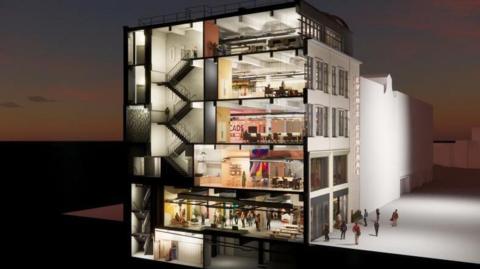 An artist's impression shows a building with several floors cut in half with images of people gathered in each room