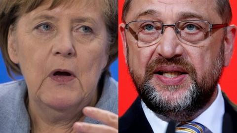 Composite picture of German Chancellor Angela Merkel and SPD leader Martin Schulz
