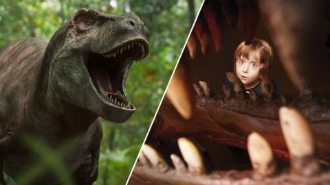 Split image of a T.rex and a girl looking at the teeth of a dinosaur