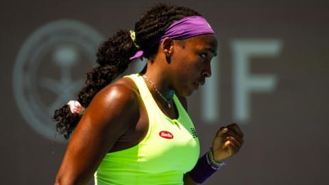 Coco Gauff celebrates winning a point at the Miami Open