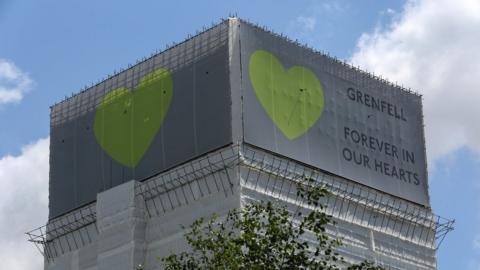 Grenfell Tower, covered in scaffold after the 2017 fire