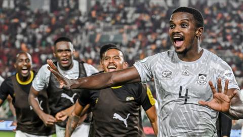 Teboho Mokoena celebrates scoring for South Africa against Morocco at Afcon 2023