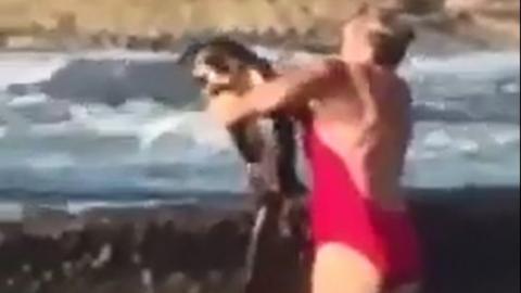 A still of a video of a woman throwing a shark out of a rock pool