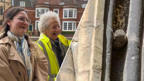 Split image of The BBC's Eleanor Maslin with tour guide Dorothy Moss outside Lincoln Cathedral (left) and The tennis ball wedged into the cathedral's stonework has been there since 1914 (right).