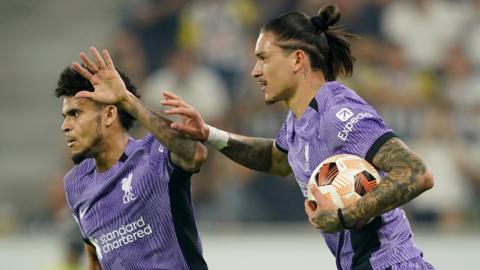 Luis Diaz (left)and Darwin Nunez celebrate a goal against LASK