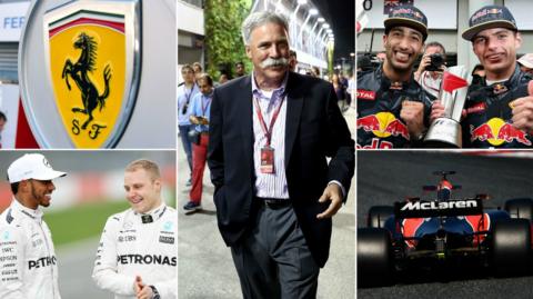 Ferrari logo, Hamilton & Bottas, Chase Carey, Ricciardo & Verstappen & McLaren Honda car