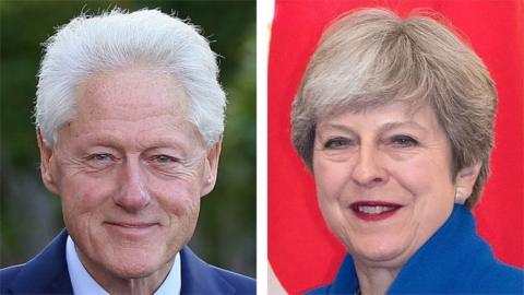 File photo composite of Theresa May (right) who is to discuss the current political situation in Northern Ireland with former US president Bill Clinton (left)