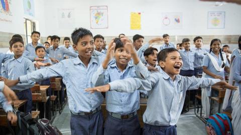 A class of 59 students of a Government Senior Secondary School attend a Happiness Class which includes a mix of yoga, music, moral science etc as a part of newly launched program by the Delhi Government to emphasise on mental health and well being in New Delhi, India on July 13, 2018