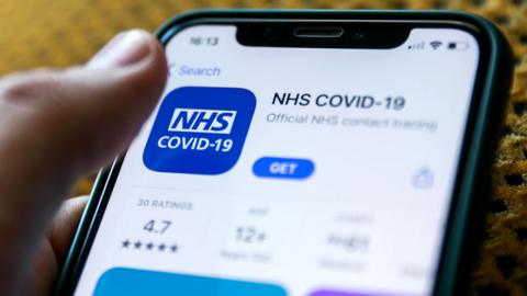 The NHS Covid contact tracing app seen on a mobile phone