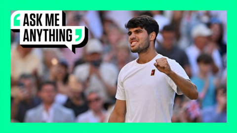 Carlos Alcaraz celebrates with an Ask Me Anything border around him